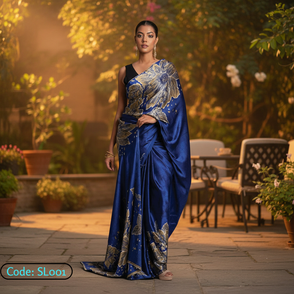Navy Blue Japan Satin Saree